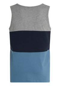 Grijze, marineblauwe en lichtblauwe kleurgeblokte tanktop met een ronde halslijn en zonder mouwen, gemaakt van zacht katoen.
