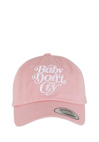 Cappellino da baseball rosa regolabile con testo ricamato bianco "Baby Don't Cry", caratterizzato da una visiera curva e un pannello frontale strutturato.