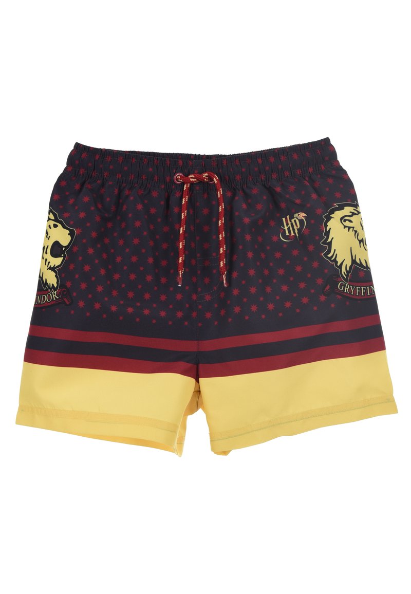Shorts de bain sur le thème de Gryffindor, bleu marine avec des accents jaunes, arborant un emblème de lion, un motif d'étoiles rouges, et une taille élastique avec cordon de serrage.