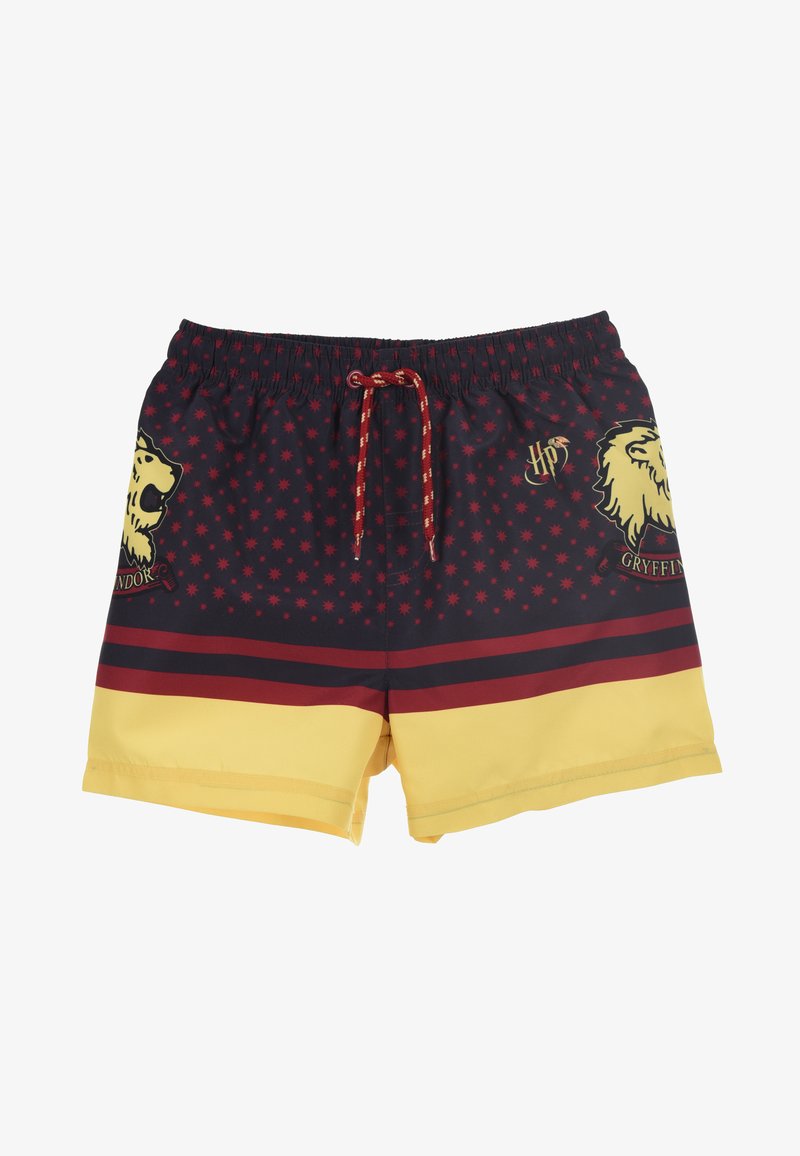 Costume da bagno a tema Gryffindor, blu navy con accenti gialli, caratterizzato da un emblema di leone, motivo a stelle rosse e una cintura elastica con cordoncino.