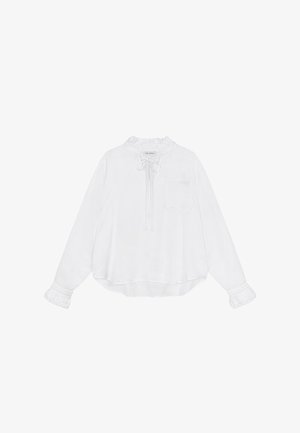 Witte blouse met lange mouwen, ruches aan de halslijn en manchetten, met een knoopsluiting en een borstzakje. Glad stoftextuur.