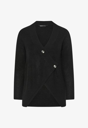 Cardigan noir en maille avec un chevauchement asymétrique à l'avant, maintenu par deux gros boutons, doté de manches longues et d'un décolleté en V.