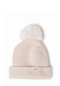 Light pink knitted beanie hat with a fluffy pom-pom on top, a folded cuff, and a decorative crystal accent on the side.