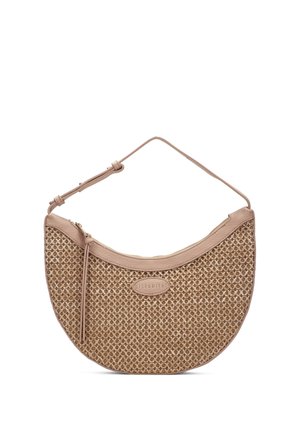 Torebka o kształcie półksiężyca, wykonana z jasnobrązowego plecionego materiału, z regulowanym paskiem na ramię i zamkiem błyskawicznym, z małą skórzaną naszywką z logo na przedzie.