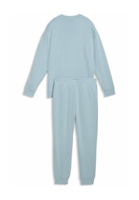 Világoskék pamut pulóver hosszú ujjakkal és bordázott mandzsettákkal, hozzá illő jogging nadrággal, amely rugalmas derékpánttal rendelkezik.