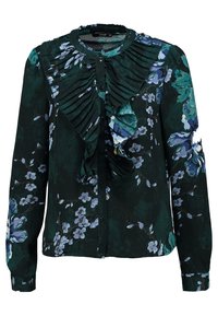 Blusa verde oscura con patrón floral en azul y blanco. Presenta un detalle de volante fruncido en la parte frontal y cierre de botones. Mangas largas.