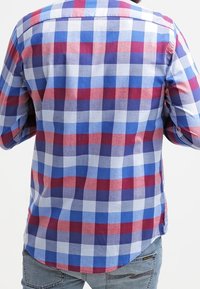 Langärmeliges Hemd mit einem mehrfarbigen Karomuster in Blau, Rot und Weiß. Baumwollstoff, Button-Down-Kragen, abgerundeter Saum und Rückenpasse.