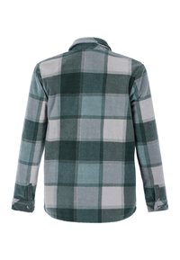 Langarm fleeceshirt met een groot groen, grijs en wit geruit patroon, weergegeven vanuit de achterkant met knoopmanchetten.