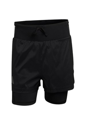Black athletic shorts with a layered design, featuring a smooth upper waistband, drawstring, and textured fabric. Reflective accents included.