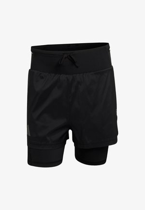 Pantaloncini atletici neri con design a strati, caratterizzati da una fascia elastica superiore liscia, coulisse e tessuto strutturato. Include accenti riflettenti.