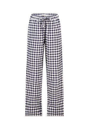 Katoenen pyjamabroek in een marineblauw en wit ruitpatroon. Flexibele tailleband met een trekkoord. Rechte pijpen, volledige lengte.
