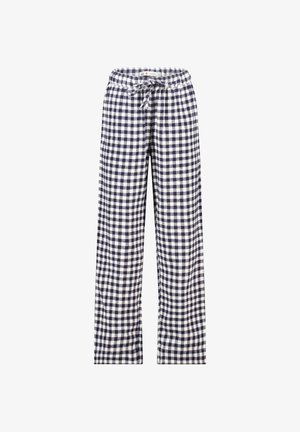 Cotton pajama pants in navy and white gingham pattern. Flexible waistband with drawstring. Straight-leg cut, full-length design.
