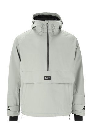 Lichtgrijze hoodie jack met een half-ritsontwerp, een voorzak met klep en contrasterende zwarte accenten op de mouwen. Ademend materiaal met perforaties.