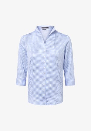 Helles blaues Hemd mit geometrischem Muster, langärmlig und hochgerollt, mit Knopfleiste und V-Ausschnitt. Hergestellt aus glattem Material.