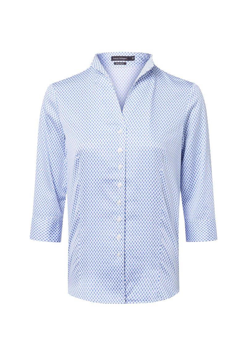 Lichtblauwe shirt met een geometrisch patroon, lange mouwen opgerold, knoopsluiting aan de voorkant en een V-hals. Gemaakt van een gladde stof.
