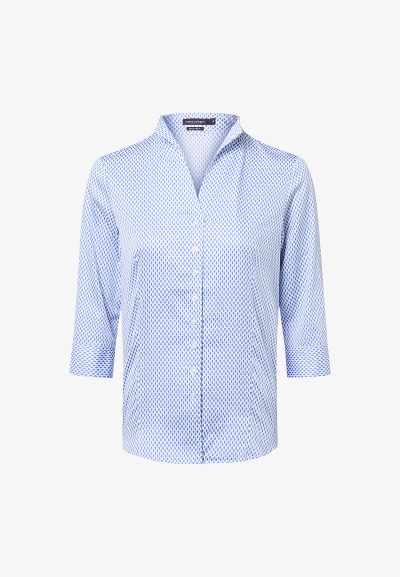 Lichtblauwe shirt met een geometrisch patroon, lange mouwen opgerold, knoopsluiting aan de voorkant en een V-hals. Gemaakt van een gladde stof.