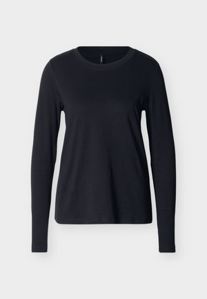 Camiseta negra de manga larga con cuello redondo, colocada plana sobre un fondo blanco, mostrando la vista frontal con un diseño limpio y sencillo.