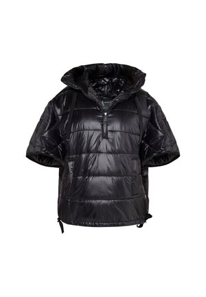 Abrigo de plumas negro con capucha, mangas cortas y cierre de media cremallera en la parte delantera. Fabricado con un material brillante y diseño acolchado, cuenta con cordones ajustables.