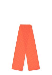 Scialle arancione brillante con un motivo a pois, realizzato in un tessuto liscio. Ha una forma stretta e allungata senza hardware visibile.