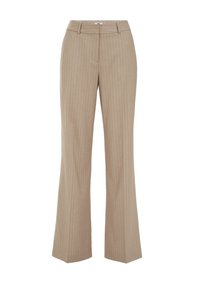 Beige, pinstriped trousers with a flared leg design and a flat waistband. Made from a smooth fabric, featuring belt loops and a concealed closure.