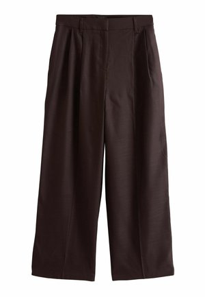 Dark brown wide-leg trousers with a high waist, belt loops, side pockets, and front pleats, made from a smooth fabric.