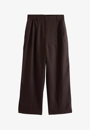 Dark brown wide-leg trousers with a high waist, belt loops, side pockets, and front pleats, made from a smooth fabric.