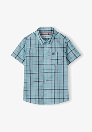 Šviesiai mėlynas trumpų rankovių plaidinis marškinėliai, su tamsiai mėlynomis ir oranžinėmis detalėmis. Su krūtinės kišene ir mygtukų apykakle. Pagaminta iš medvilnės.