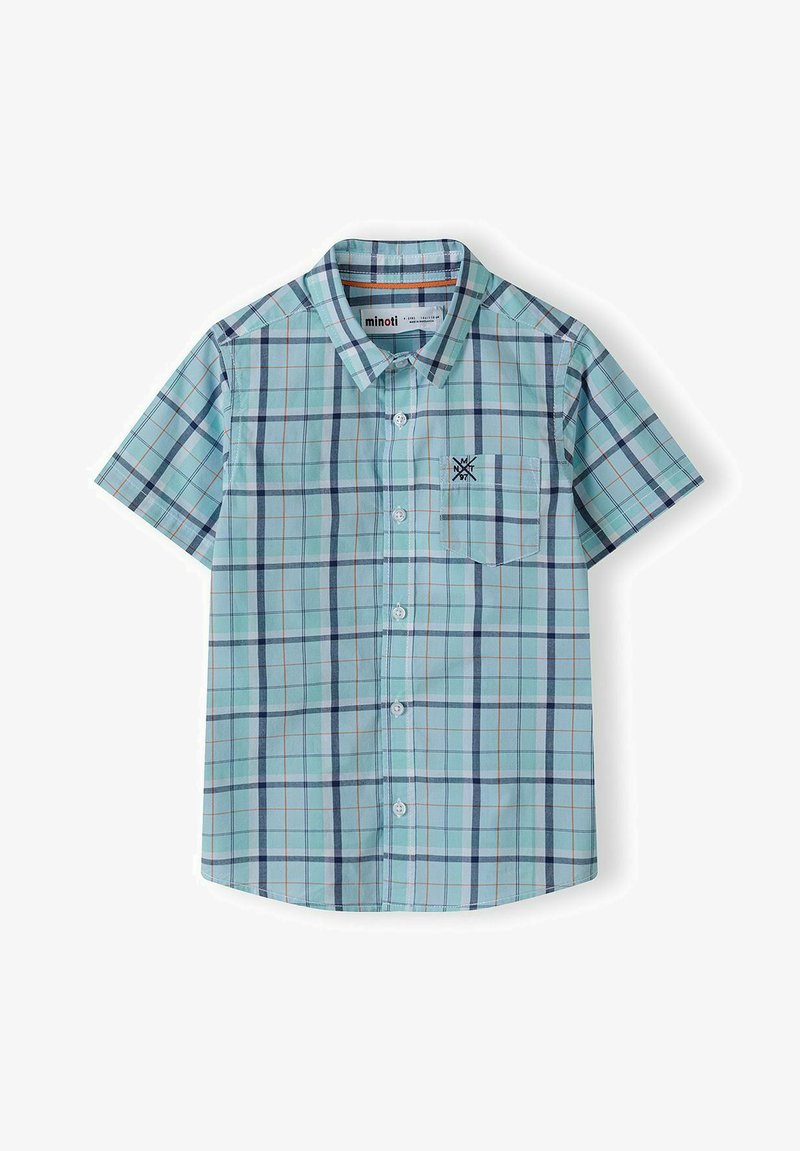 Šviesiai mėlynas trumpų rankovių plaidinis marškinėliai, su tamsiai mėlynomis ir oranžinėmis detalėmis. Su krūtinės kišene ir mygtukų apykakle. Pagaminta iš medvilnės.