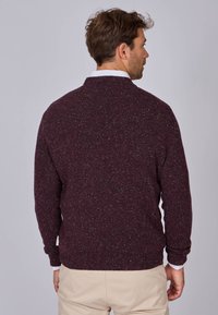 Pull en tricot bordeaux avec une texture mouchetée, col rond et poignets côtelés. Présente une coupe décontractée, vu de dos.