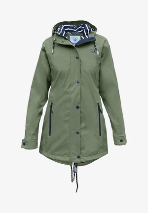 Olive green waterproof jacket with a navy striped lining, adjustable hood, front snap buttons, and zippered side pockets.