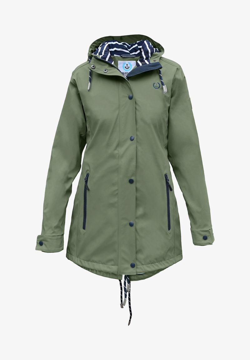 Olive green waterproof jacket with a navy striped lining, adjustable hood, front snap buttons, and zippered side pockets.