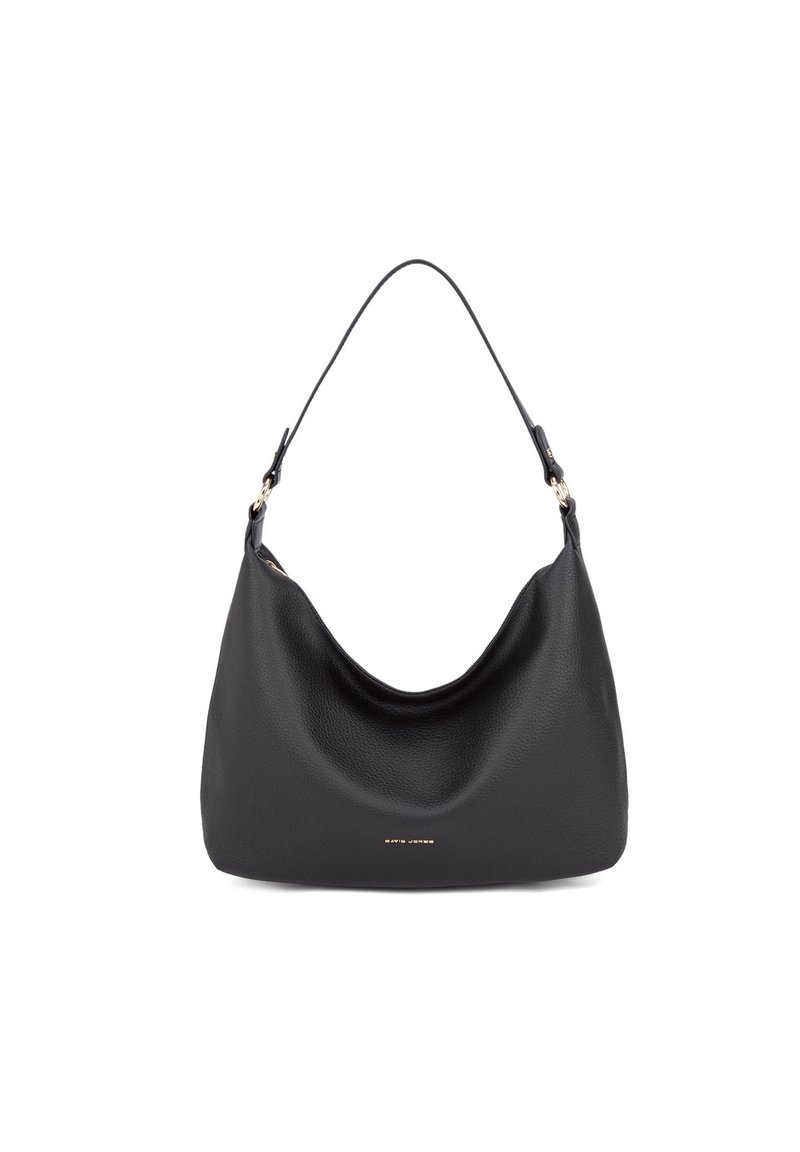 Borsa hobo in pelle nera con una forma strutturata, texture liscia e un manico corto. Presenta un sottile dettaglio del logo in oro sul davanti.