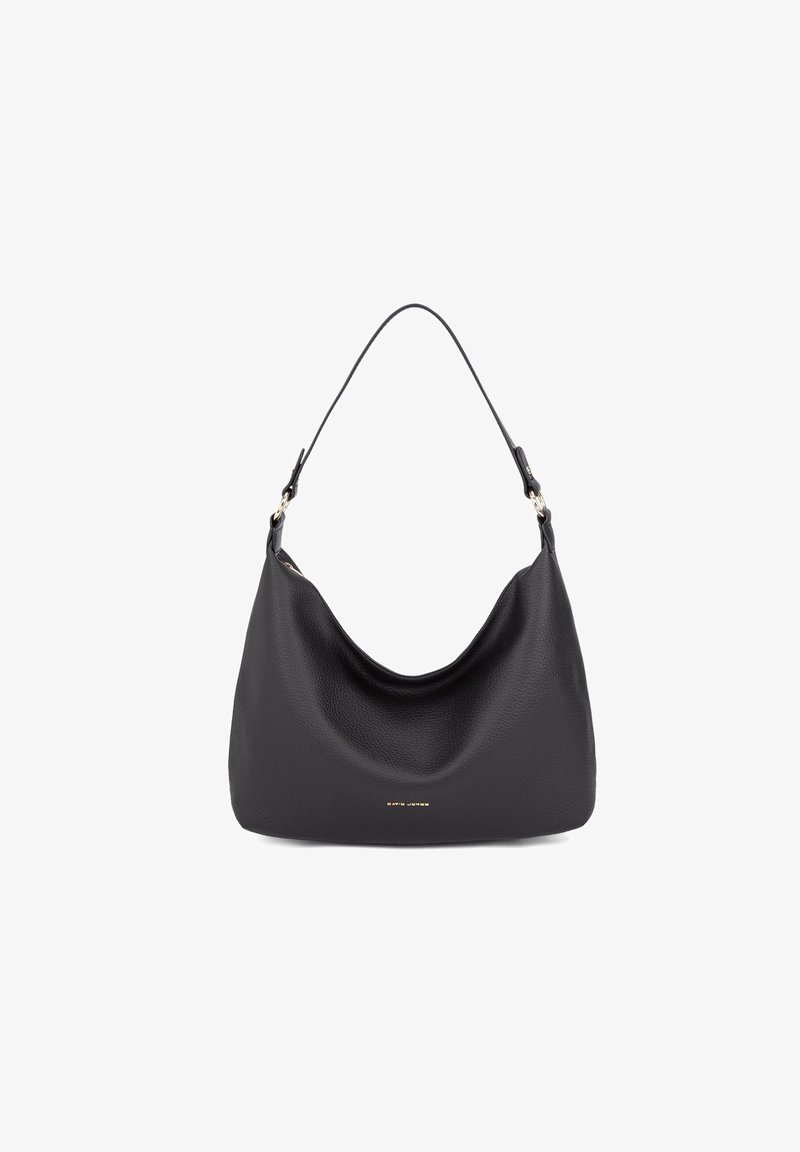 Borsa hobo in pelle nera con una forma strutturata, texture liscia e un manico corto. Presenta un sottile dettaglio del logo in oro sul davanti.