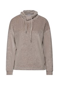 Ljusbrun sweatshirt med cowl-krage, dragsko och långa ärmar. Mjuk, texturerad tyg med avslappnad passform.