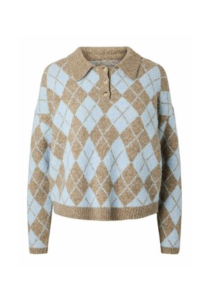 Brūns un gaiši zils argaila raksta adīts džemperis ar garām piedurknēm, ribota apdare, apkakle un trīs pogu aizdare.