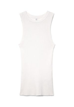 Débardeur blanc côtelé sans manches avec un col rond haut et une silhouette ajustée.