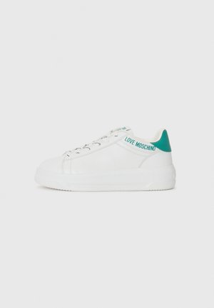 White sneakers with a smooth leather exterior, featuring teal accents, textured laces, and a "LOVE MOSCHINO" label on the heel.
