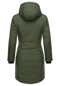 Dark green insulated parka with a hood, featuring smooth fabric, long sleeves, ribbed cuffs, and a logo patch on the lower hem.