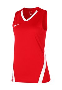 Rode atletische tanktop met V-hals, contrasterende witte zijkanten en ademende meshstructuur. Nike-logo op de borst.