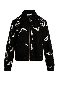 Veste en dentelle noire avec fermeture éclair à l'avant, motif floral et col. Présente des manches longues et une taille élastique.