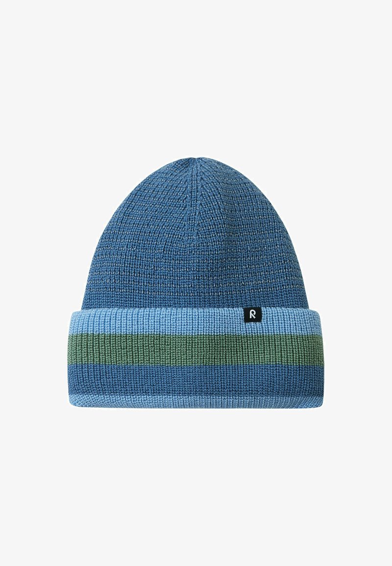 Beanie lavorato a maglia di colore blu, con una risvoltina e strisce orizzontali di blu chiaro, blu scuro e verde; etichetta con logo 'R'.