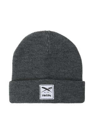 Dunkelgraue Strickmütze mit umgeklapptem Bündchen, auf dem ein weißes Patch mit gekreuztem Schwert- und Federlogo sowie dem Text "est. 1994" angebracht ist.