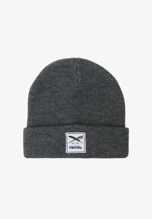 Dark gray knit beanie with folded cuff featuring a white patch with crossed sword and feather logo and "est. 1994" text.