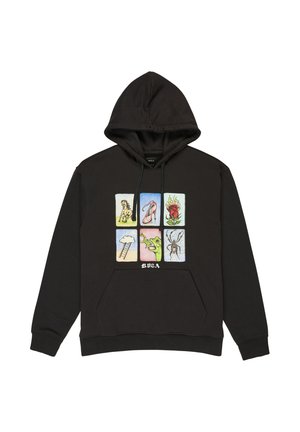 Black hooded sweatshirt featuring a front graphic with six illustrated squares of animals and objects, with a front pocket and ribbed cuffs.