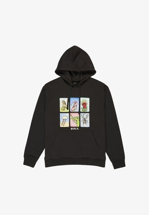 Schwarzer Kapuzenpullover mit einem Frontdruck, der sechs illustrierte Quadrate mit Tieren und Gegenständen zeigt, sowie einer Fronttasche und gerippten Bündchen.