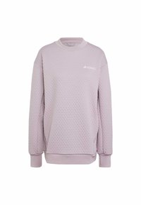 Ljuslila sweatshirt med en strukturerad, bikake-mönster. Har rundad hals och ribbade ärmslut samt bräm. Diskret logotyp på bröstet.