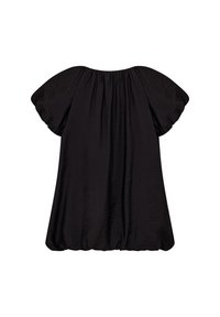 Svart kortärmad topp med samlad halsringning och loose fit, i mjukt, texturerat tyg med en flödande silhuett.