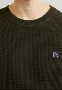 Maglione a maglia texturizzata di colore verde scuro con scollo a girocollo e una piccola etichetta nera con un logo bianco sul petto.