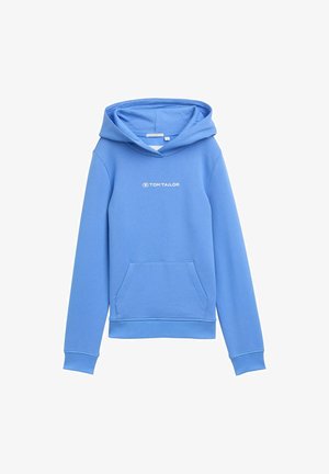 Blue cotton hoodie featuring a front pocket, ribbed cuffs, and a drawstring hood. Logo displayed in white on the chest.