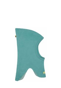 Balaclava in fleece turchese con design arrotondato, area del viso aperta e interno a righe. Presenta un bordo cucito e un piccolo etichetta.